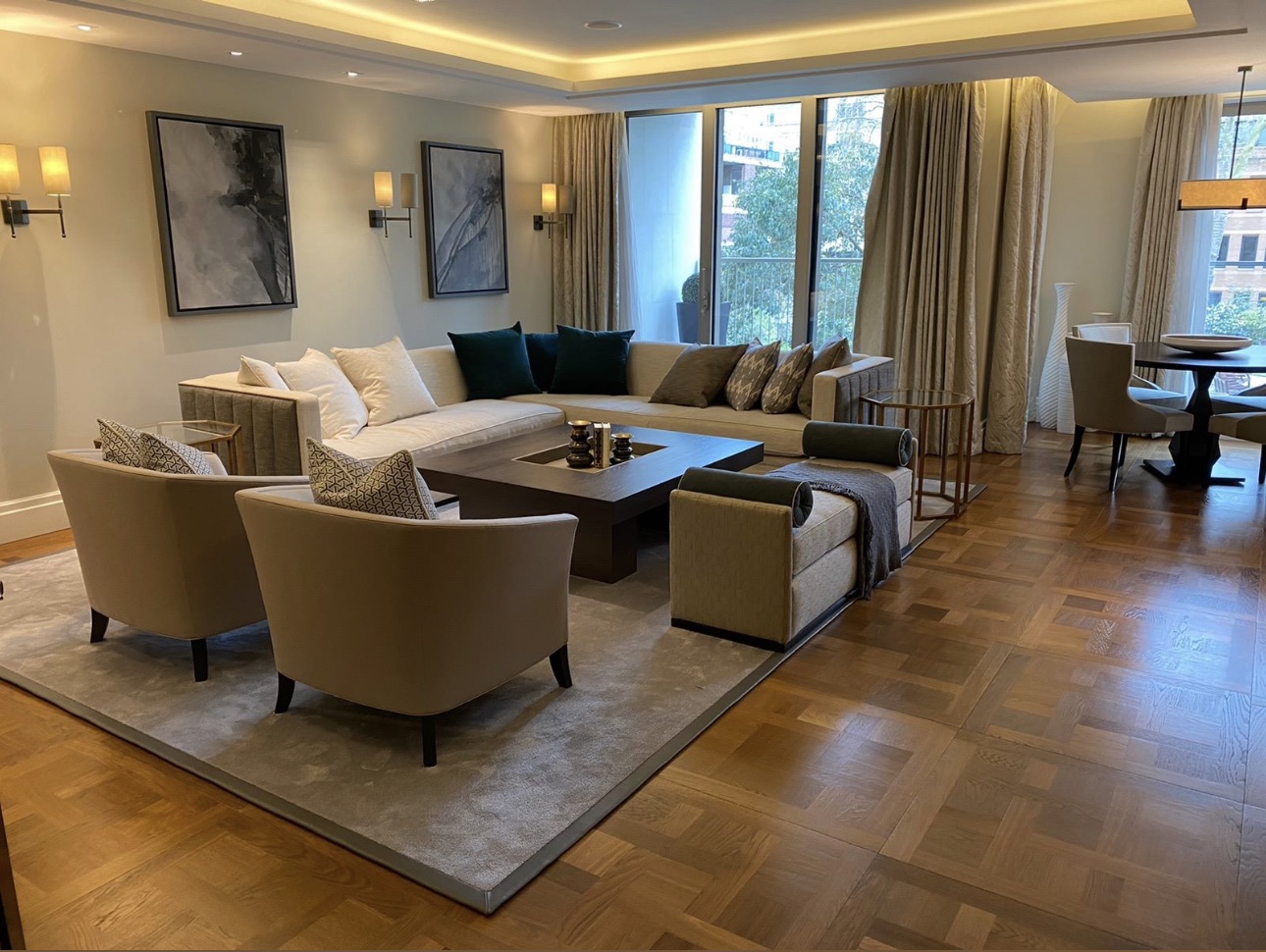 A bright living room with polished wooden floors